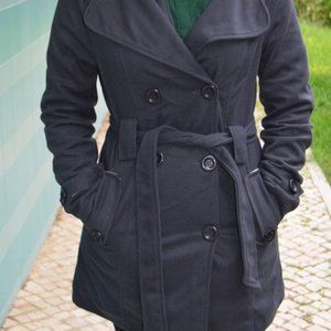 Double Breasted Dark Grey Trench Coat Belt Pockets